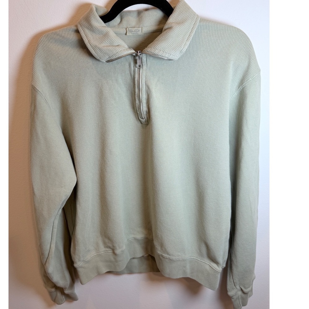 John Galt Brandy Melville Sage Green Waffle Knit Quarter Zip Pullover MW878-Z39